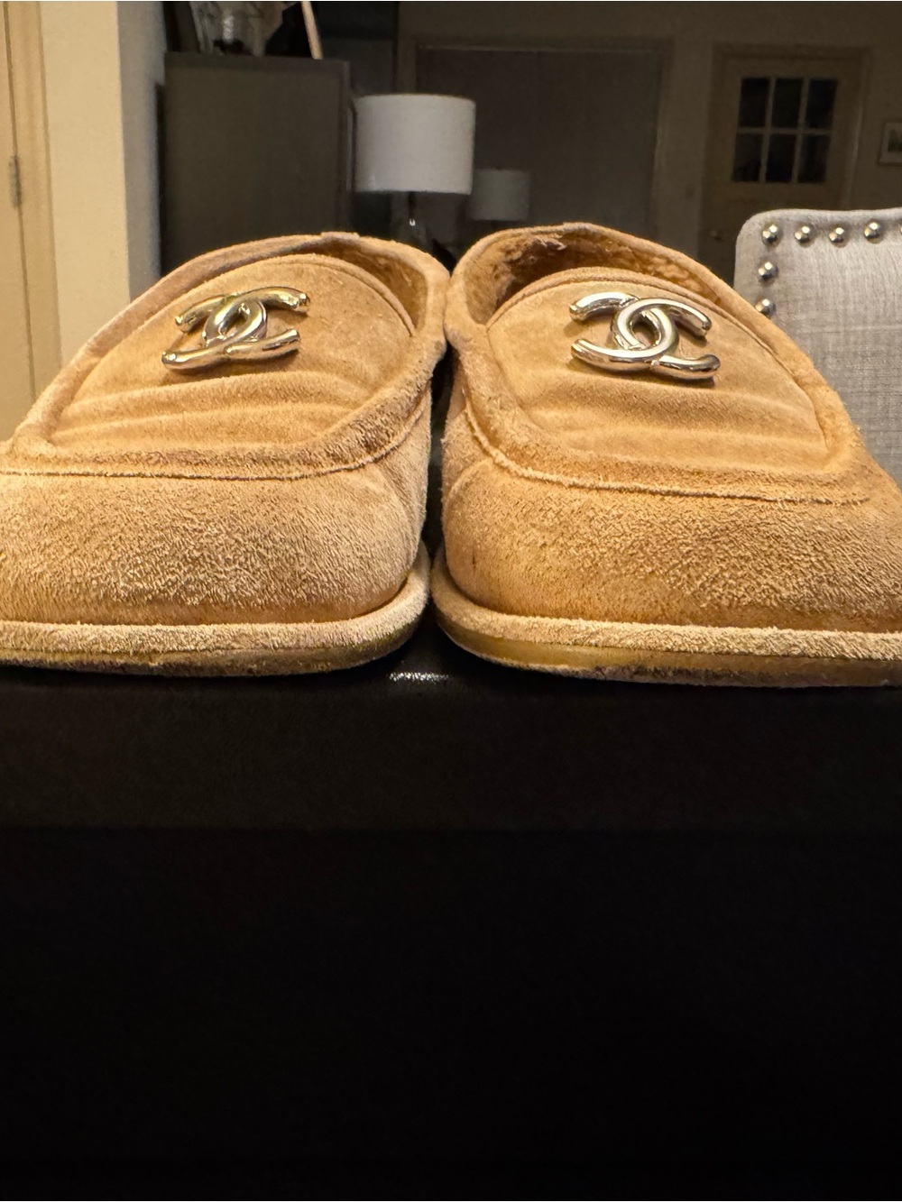 CHANEL Tan Suede Shearling-Lined Slip-On Loafers with CC Hardware - Picture 5 of 11